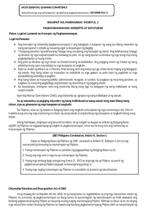 Ikaapat na Markahan Modyul 1 Pagkamamamayan: Konsepto at .